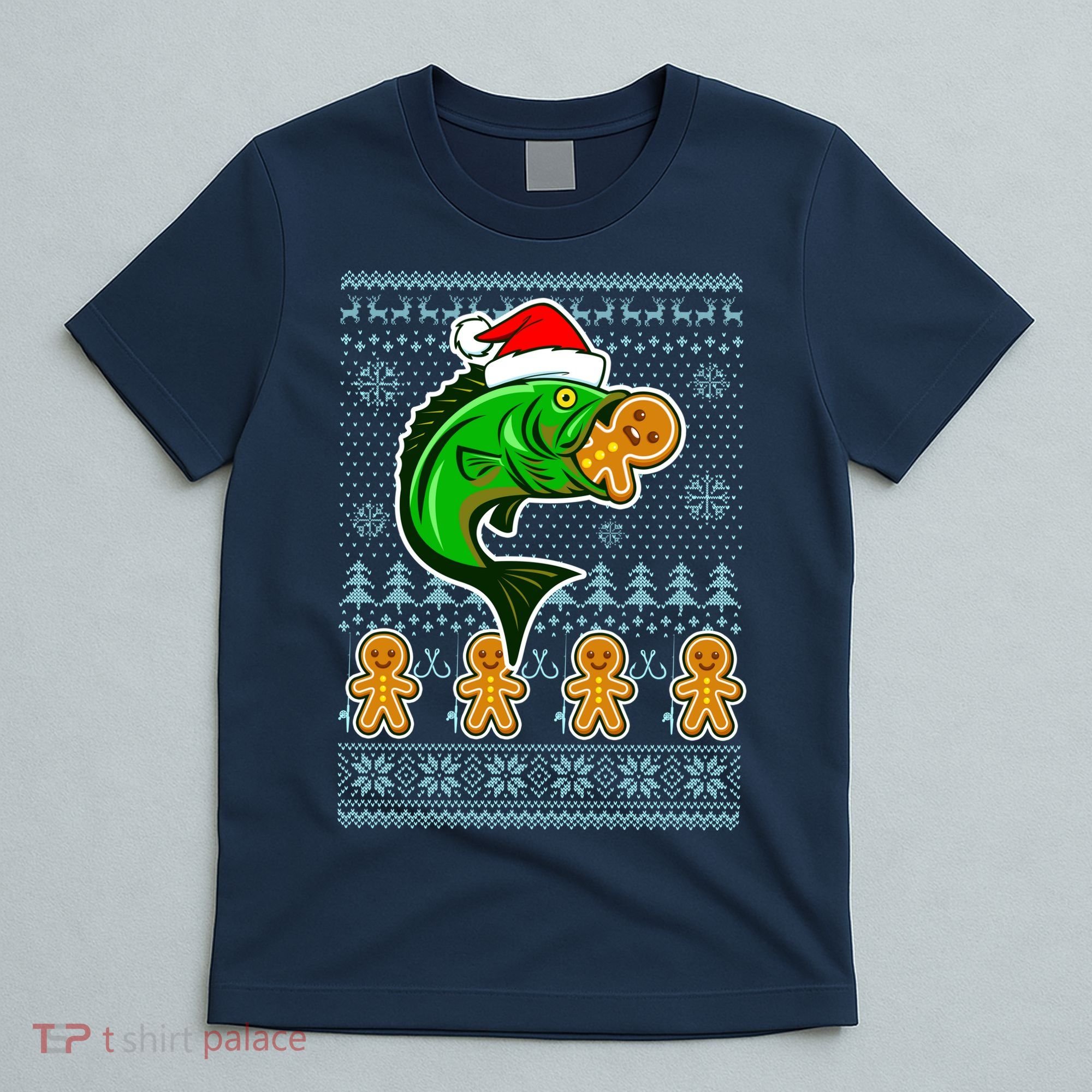 Bass Fish Eating Gingerbread Man Ugly Christmas Fishing T-Shirt