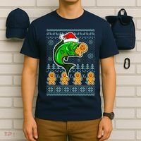 Bass Fish Eating Gingerbread Man Ugly Christmas Fishing T-Shirt thumb 6