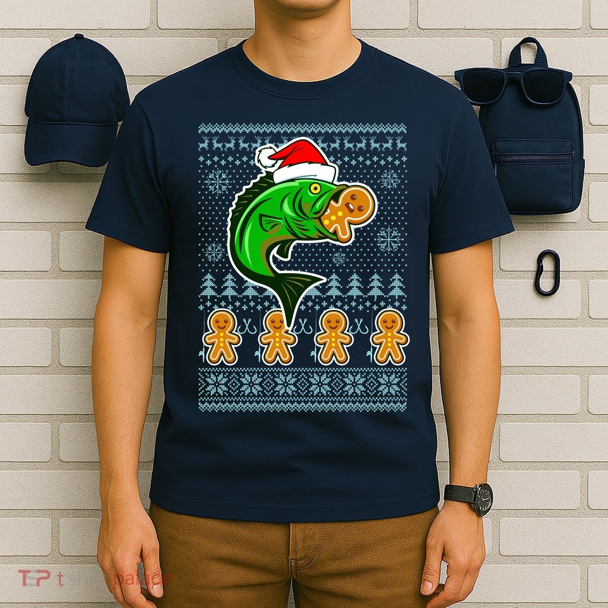 Bass Fish Eating Gingerbread Man Ugly Christmas Fishing T-Shirt