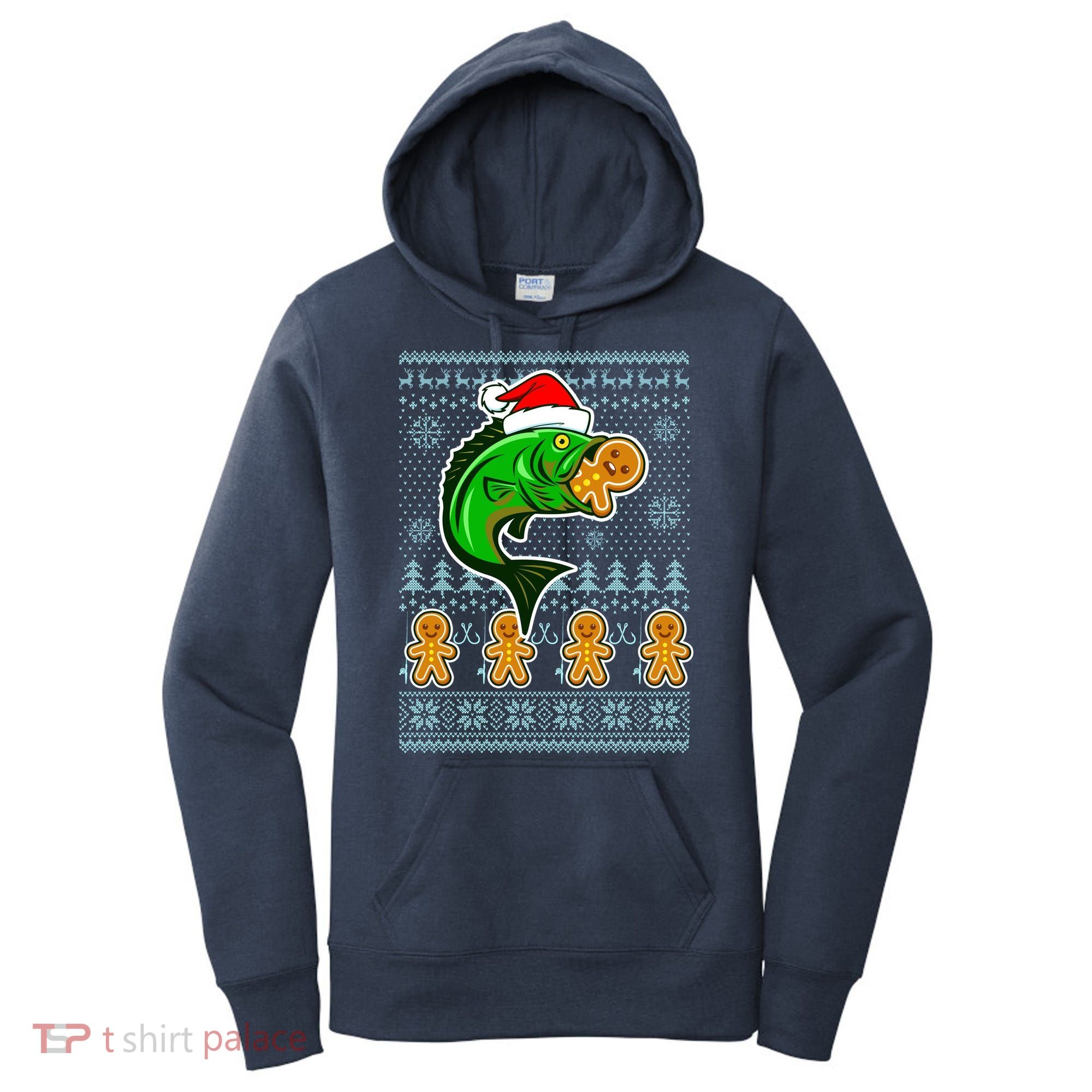 Bass Fish Eating Gingerbread Man Ugly Christmas Fishing Women's Hoodie