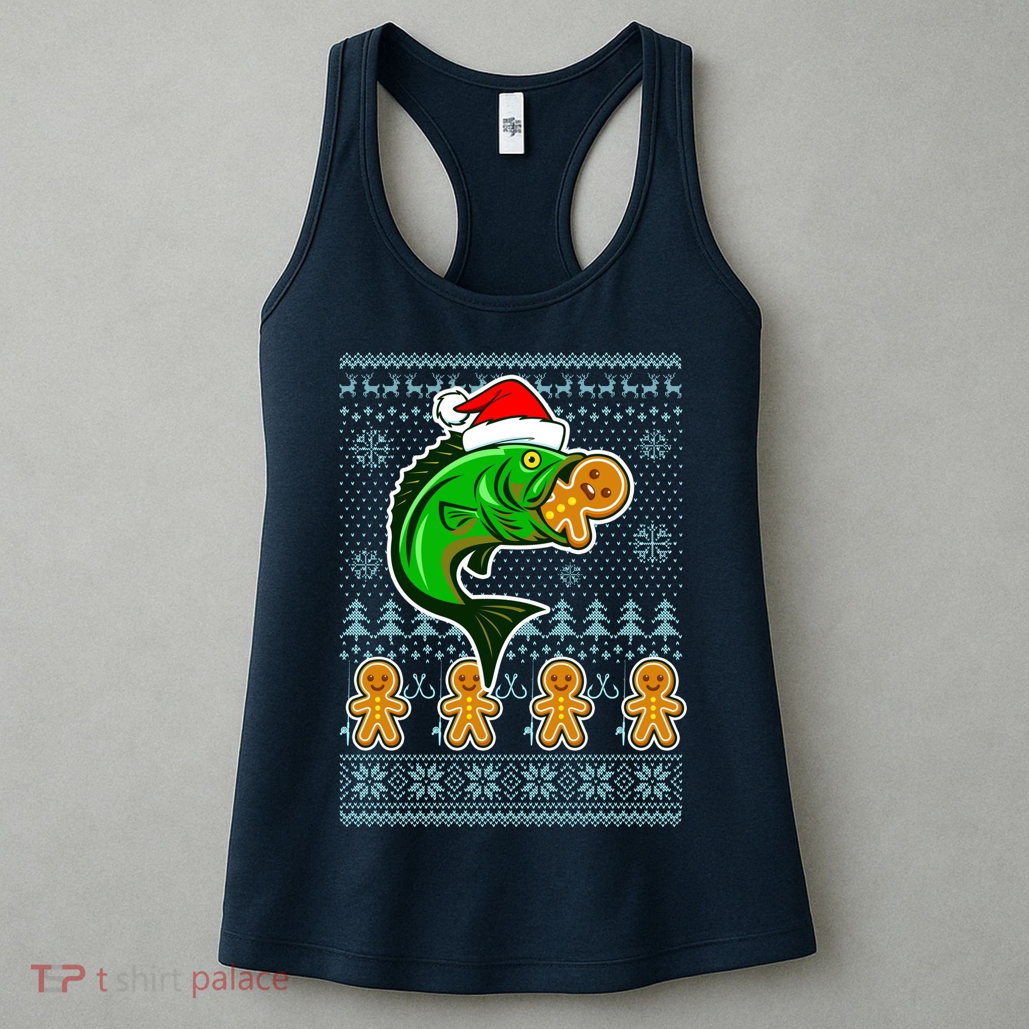 Bass Fish Eating Gingerbread Man Ugly Christmas Fishing Women's Tank Top