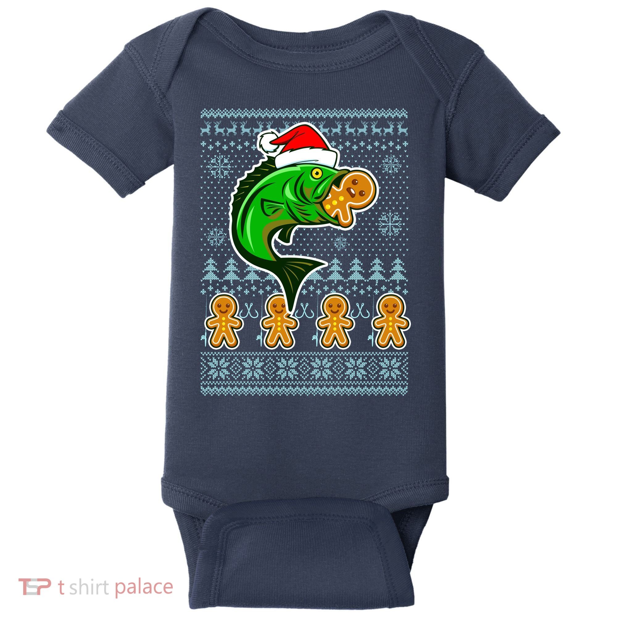 Bass Fish Eating Gingerbread Man Ugly Christmas Fishing Baby Bodysuit