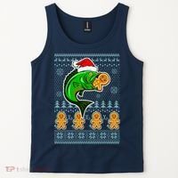 Bass Fish Eating Gingerbread Man Ugly Christmas Fishing Tank Top thumb 2