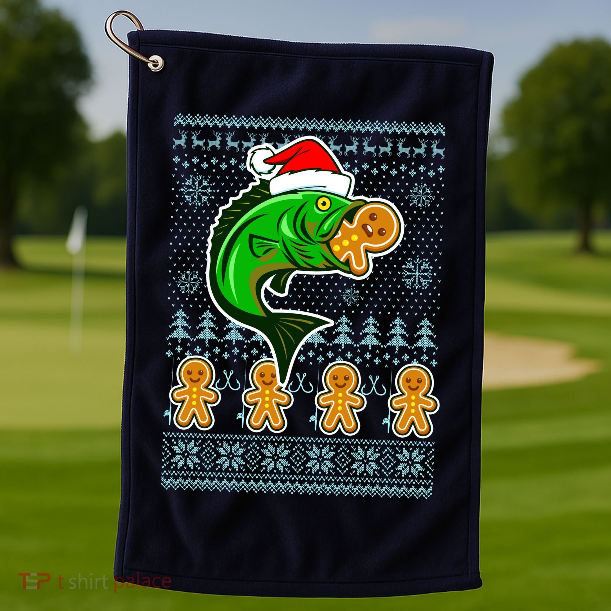 Bass Fish Eating Gingerbread Man Ugly Christmas Fishing Golf Towel