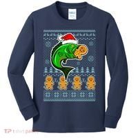 Bass Fish Eating Gingerbread Man Ugly Christmas Fishing Kids Long Sleeve Shirt thumb 0