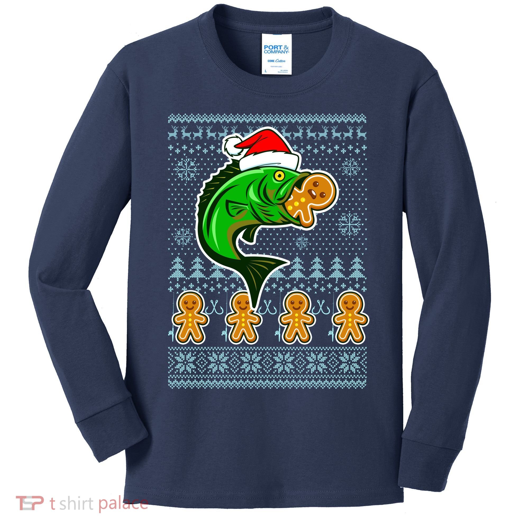 Bass Fish Eating Gingerbread Man Ugly Christmas Fishing Kids Long Sleeve Shirt