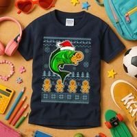 Bass Fish Eating Gingerbread Man Ugly Christmas Fishing Kids T-Shirt thumb 3