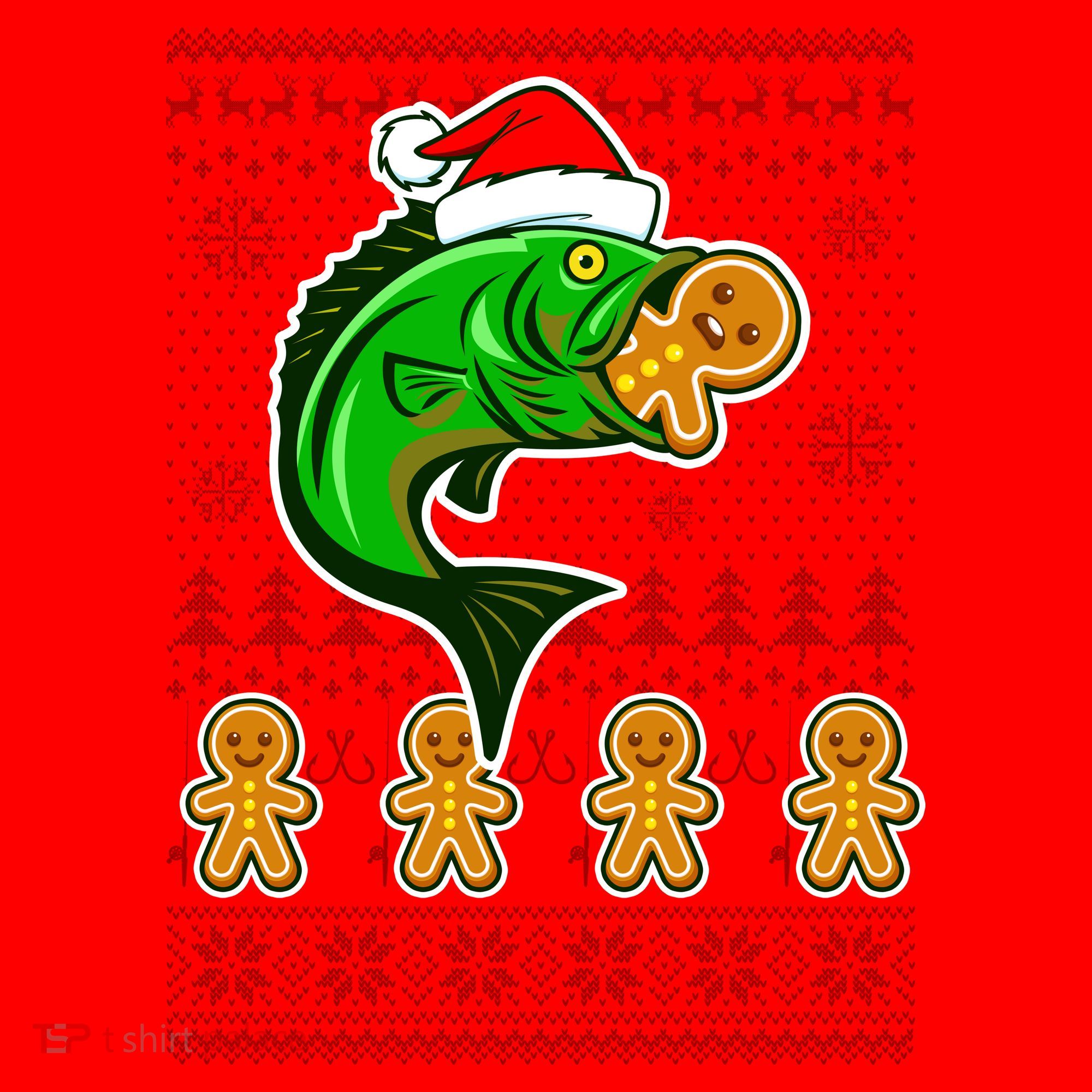 Bass Fish Eating Gingerbread Man Ugly Christmas Fishing Santa Hat