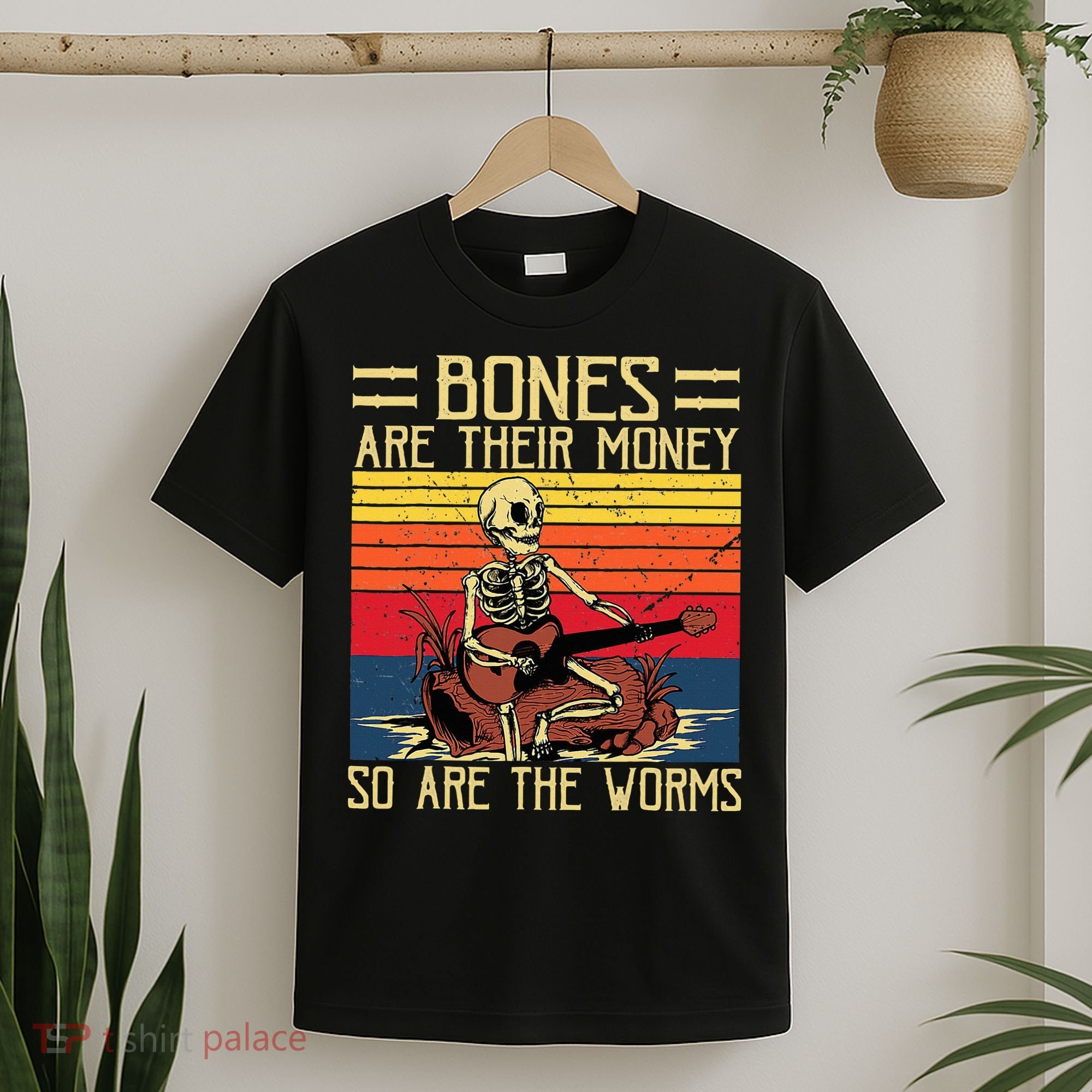 Bones Are Their Money Skeleton Playing Guitar Retro Vintage T-Shirt