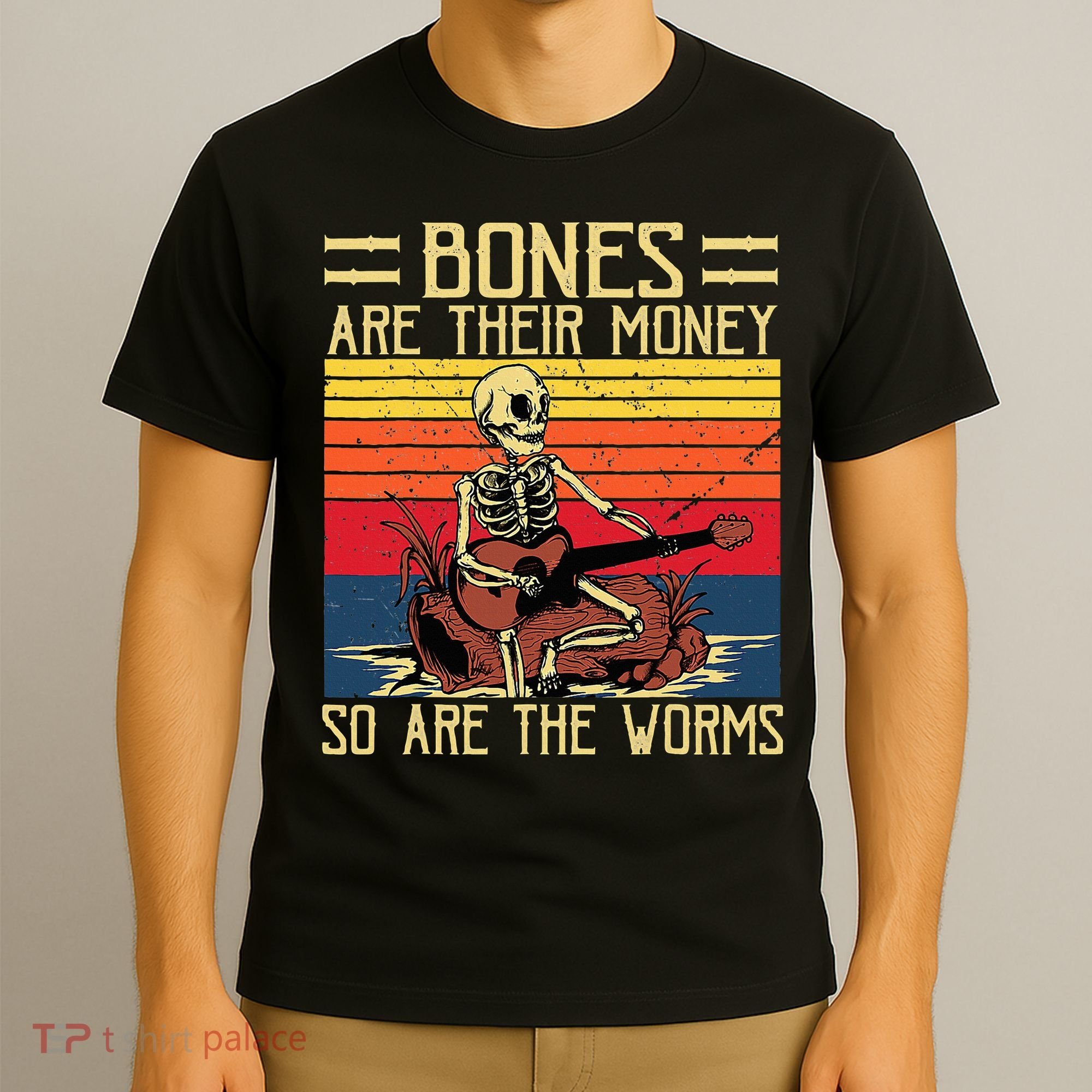 Bones Are Their Money Skeleton Playing Guitar Retro Vintage T-Shirt