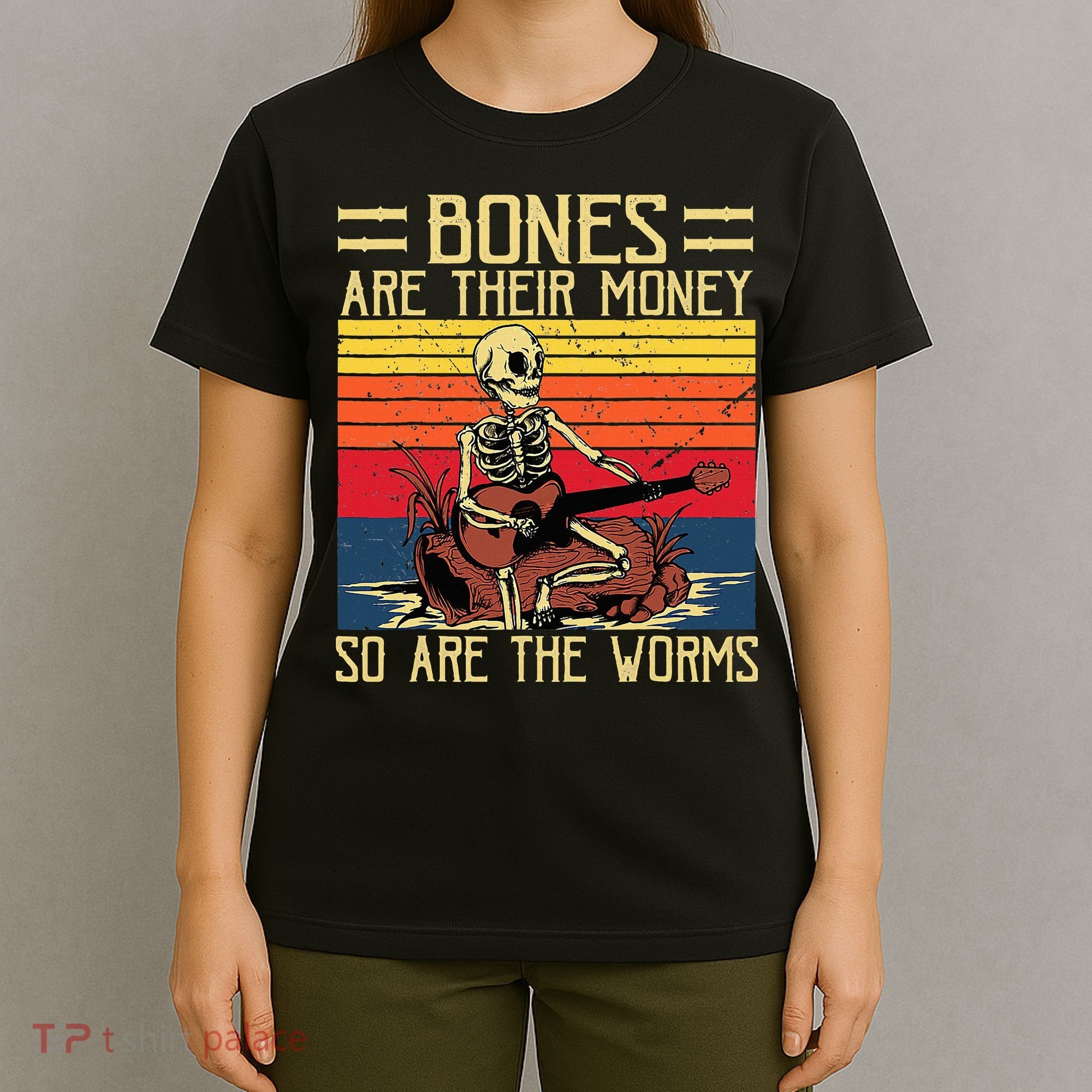 Bones Are Their Money Skeleton Playing Guitar Retro Vintage T-Shirt