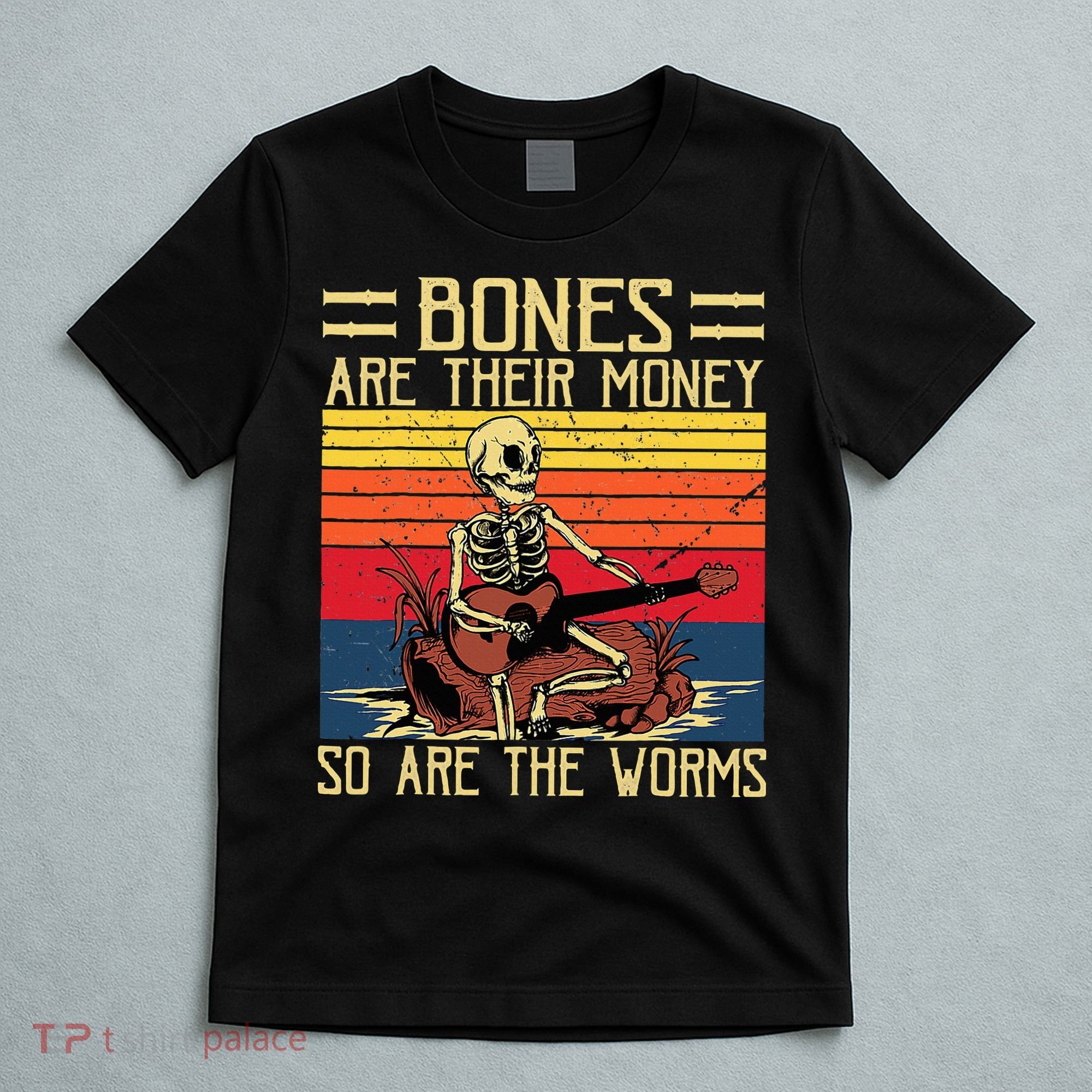 Bones Are Their Money Skeleton Playing Guitar Retro Vintage T-Shirt