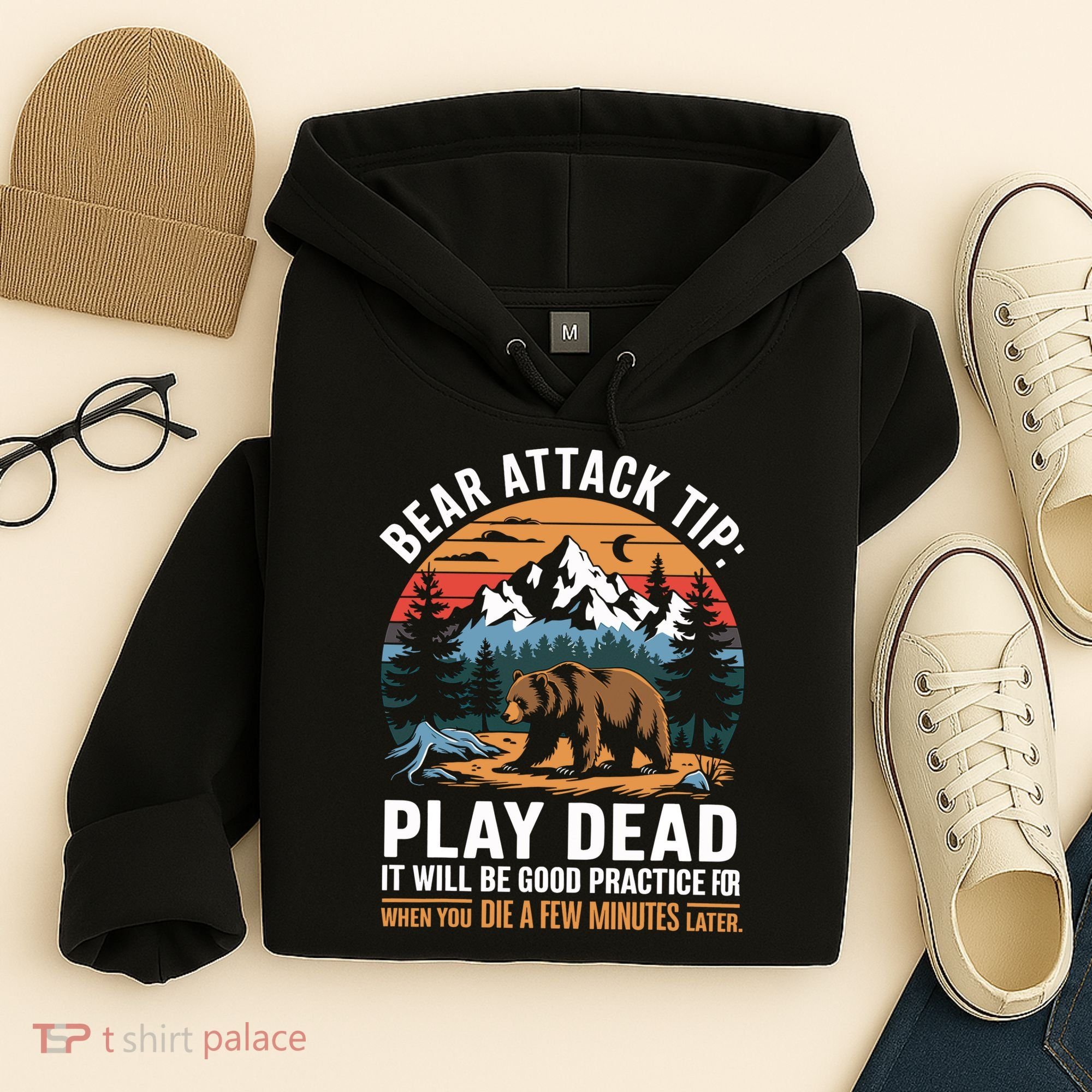 Bear Attack Tip Play Dead Funny Camping Hiking Mountain Hoodie