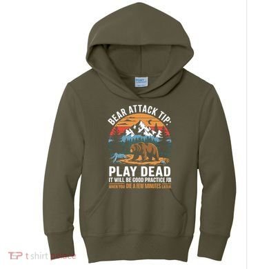 Bear Attack Tip Play Dead Funny Camping Hiking Mountain Kids Hoodie
