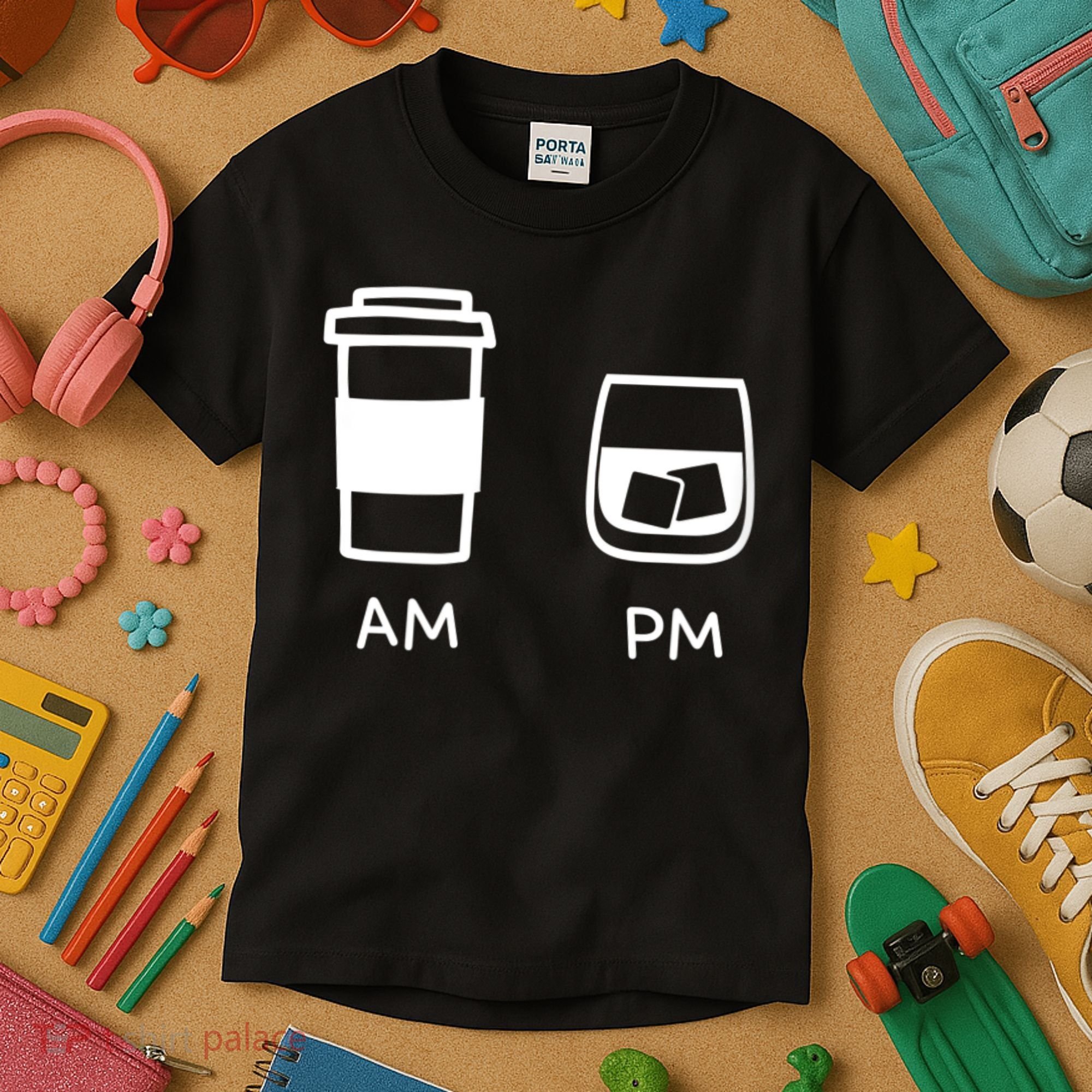 Big And Tall Am To Pm Coffee Whisky Rum Tequila Vodka Kids T-Shirt