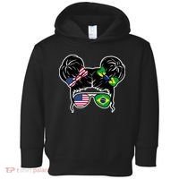 Brazil And United States Flag Messy Bun Toddler Hoodie thumb 0