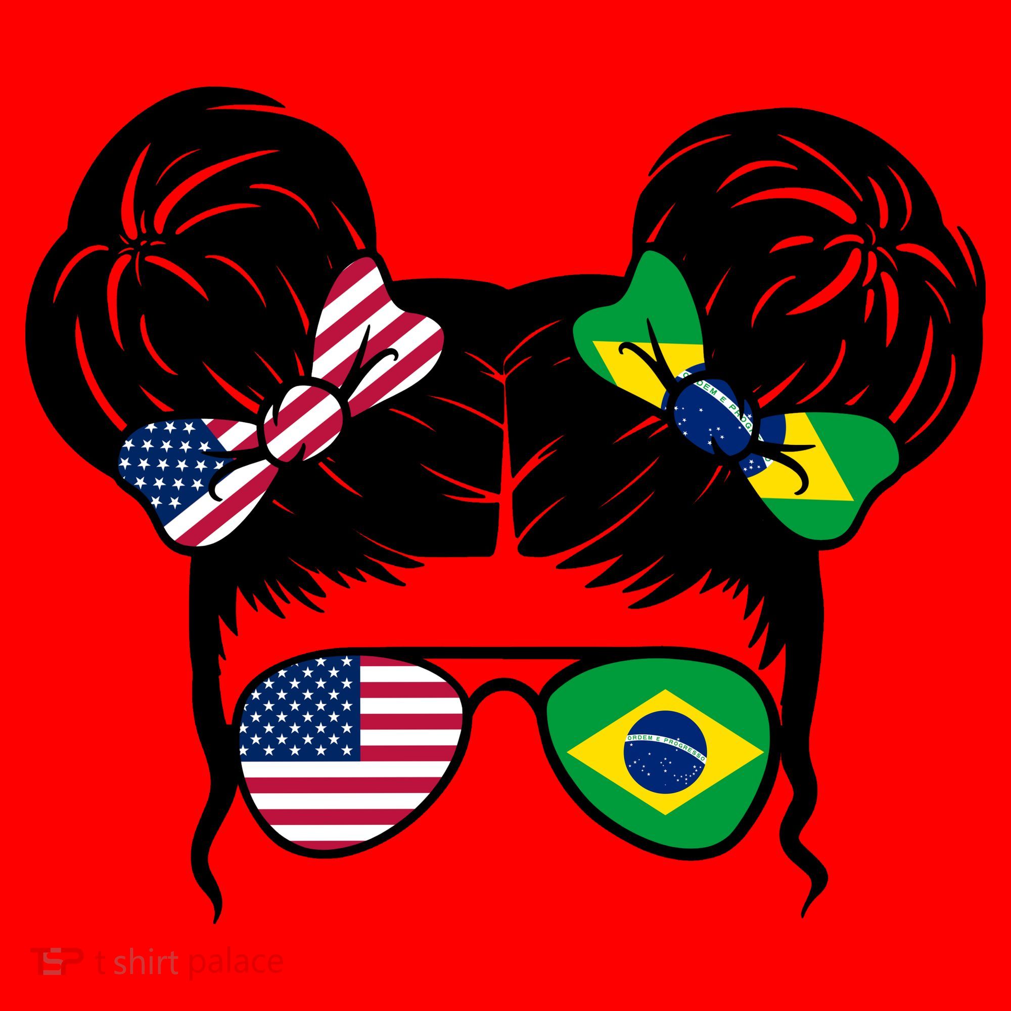 Brazil And United States Flag Messy Bun Santa Hat