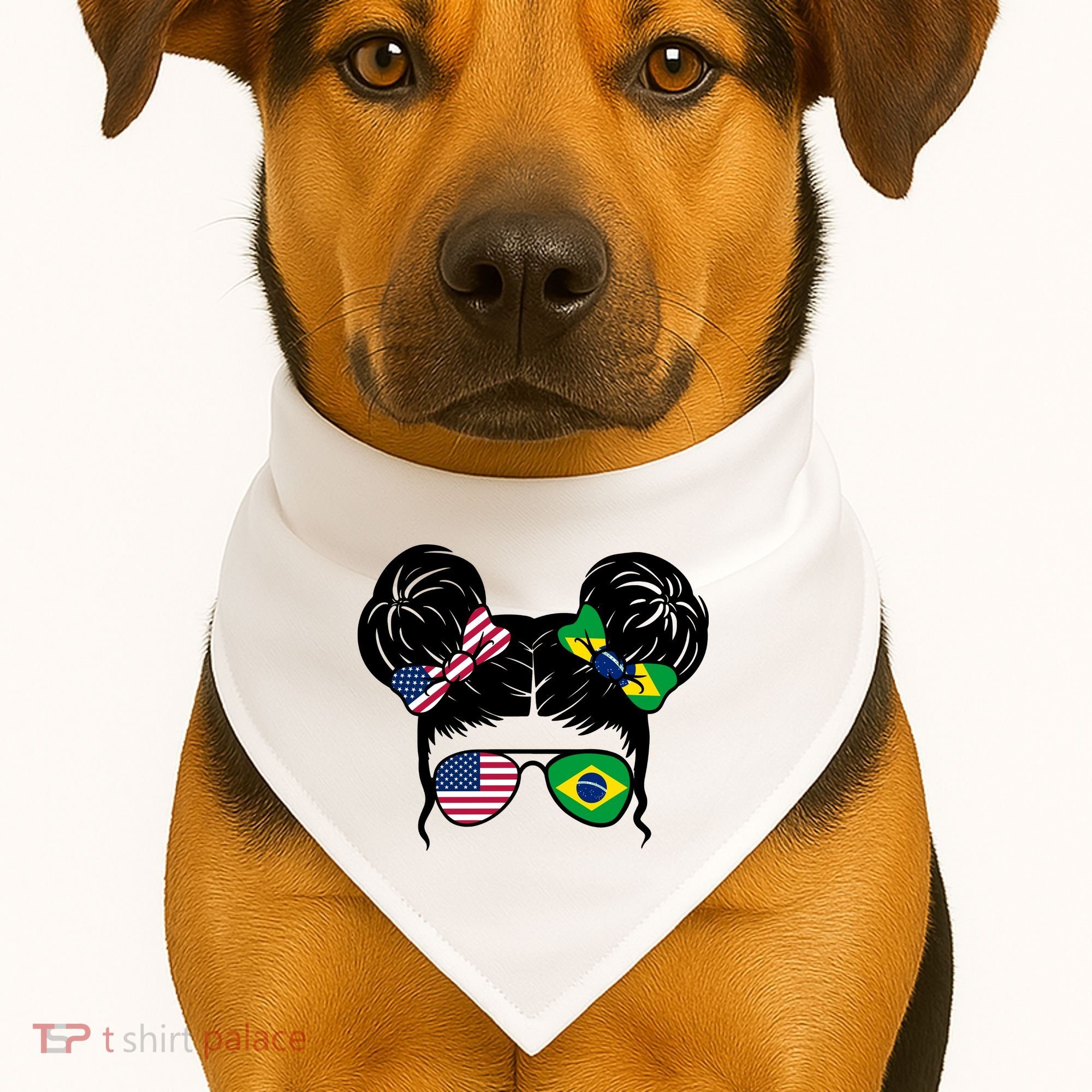 Brazil And United States Flag Messy Bun USA-Made Doggie Bandana