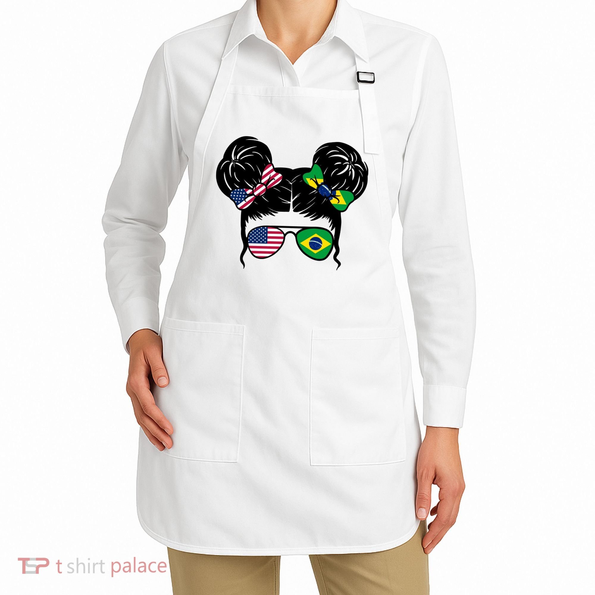 Brazil And United States Flag Messy Bun Apron
