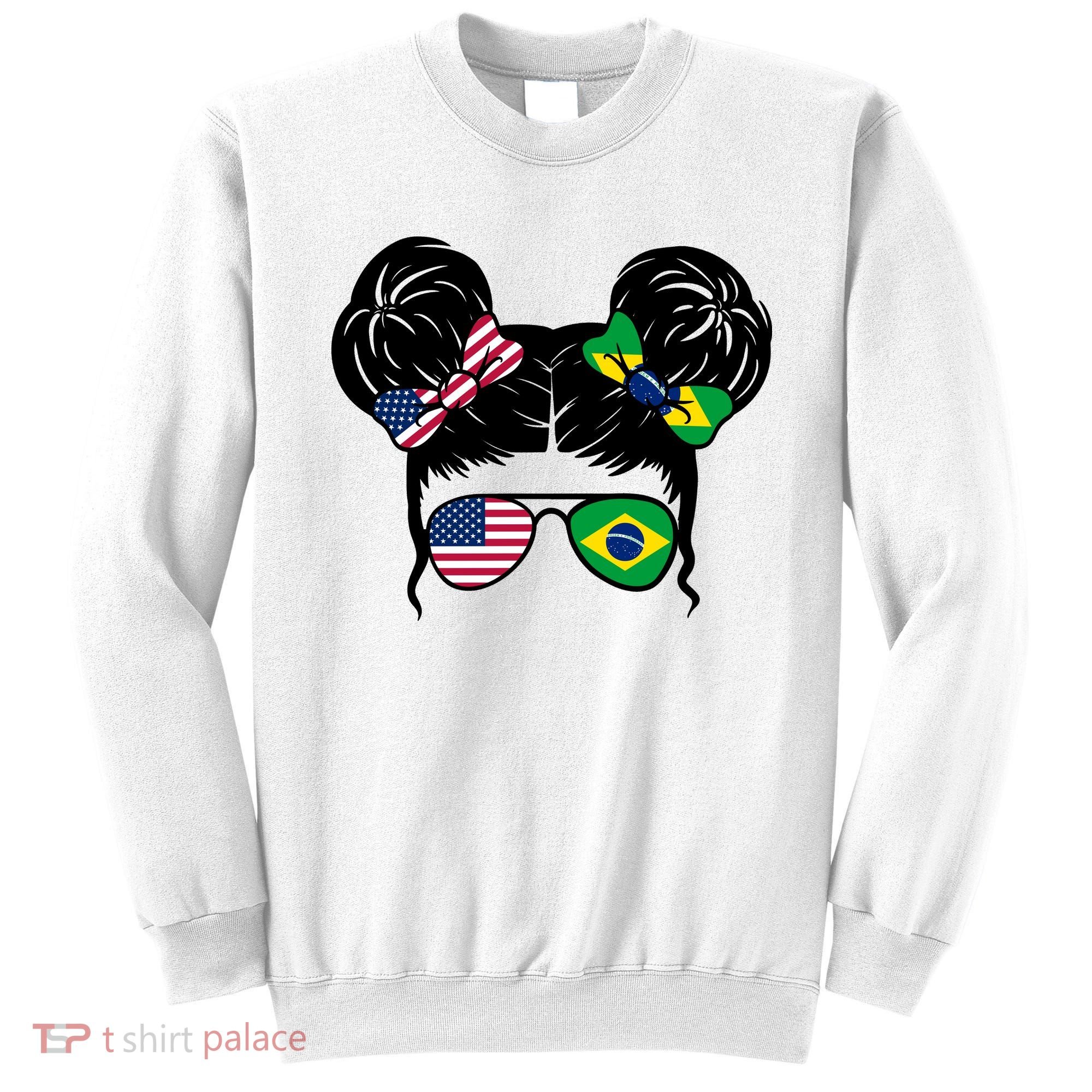 Brazil And United States Flag Messy Bun Sweatshirt