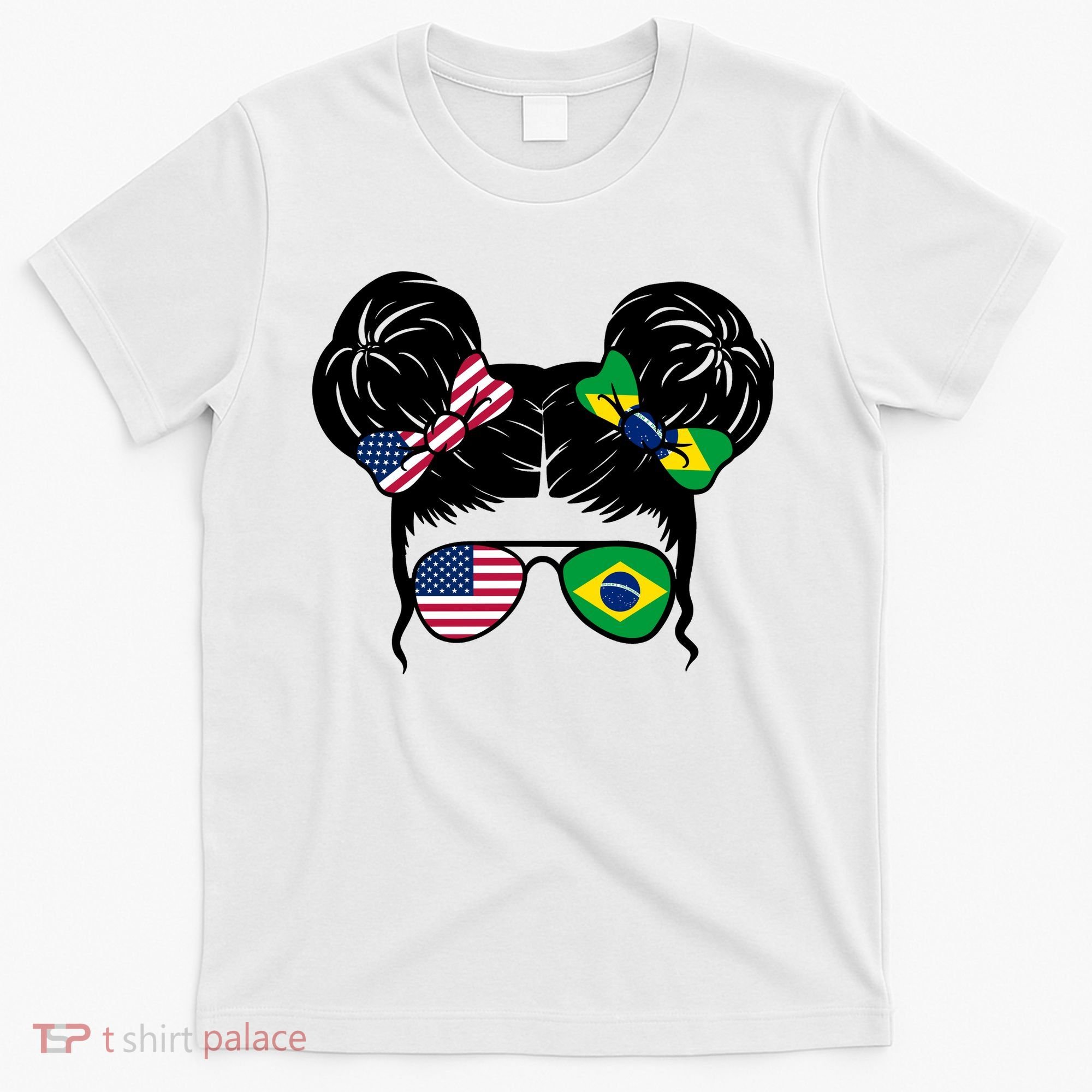 Brazil And United States Flag Messy Bun T-Shirt