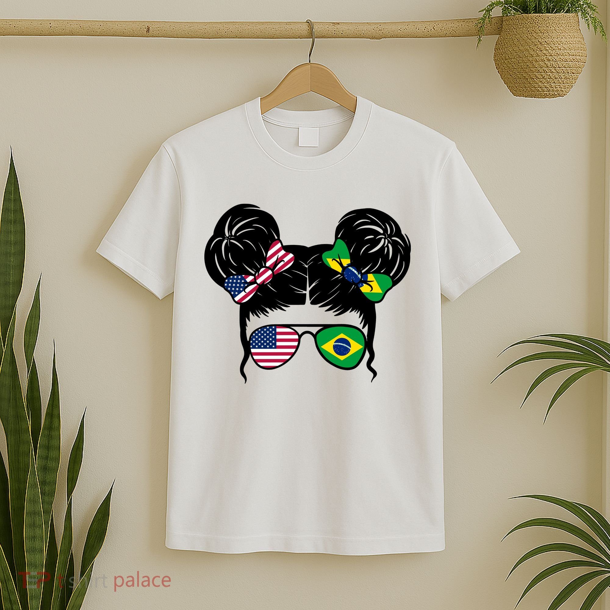 Brazil And United States Flag Messy Bun T-Shirt