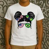 Brazil And United States Flag Messy Bun T-Shirt thumb 3