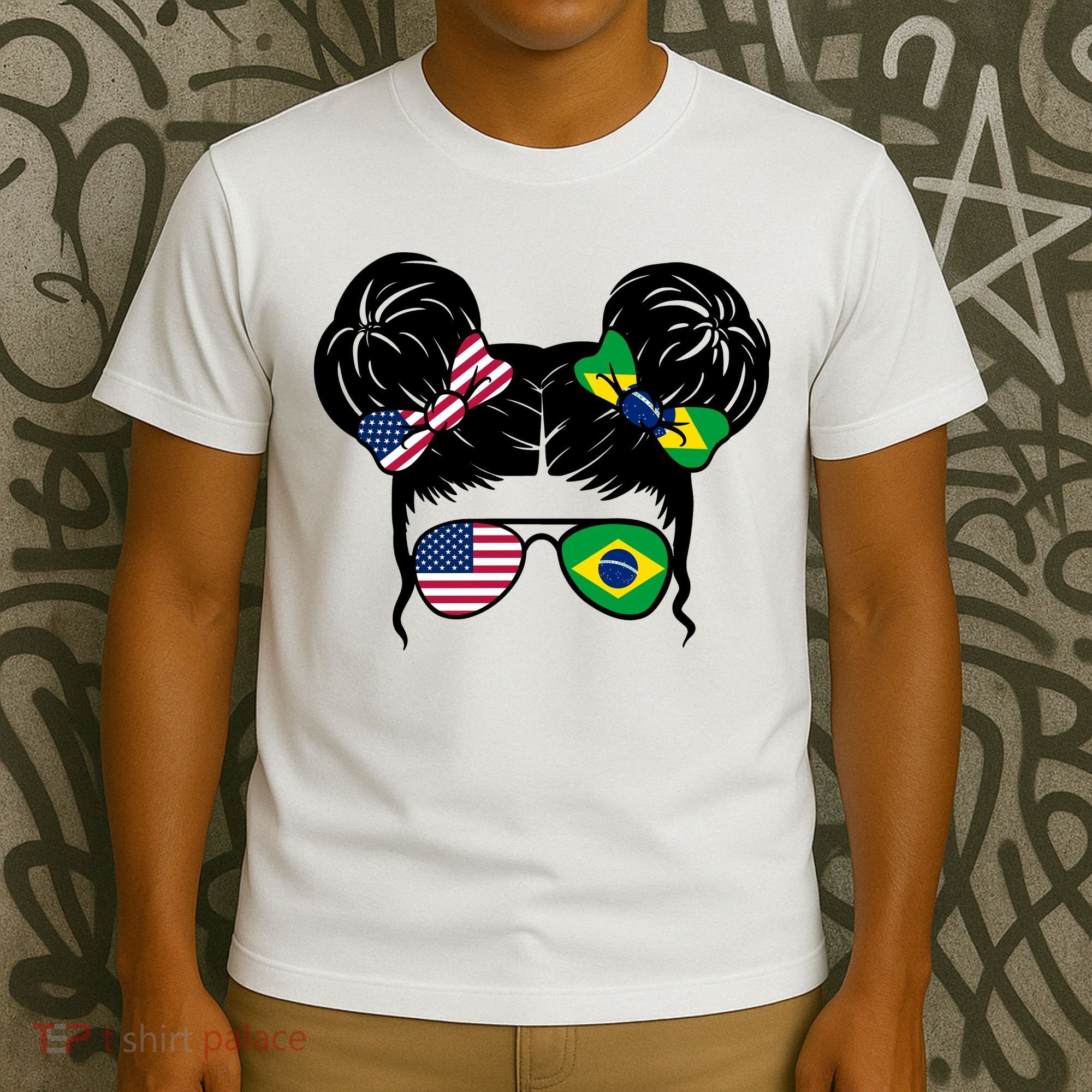 Brazil And United States Flag Messy Bun T-Shirt