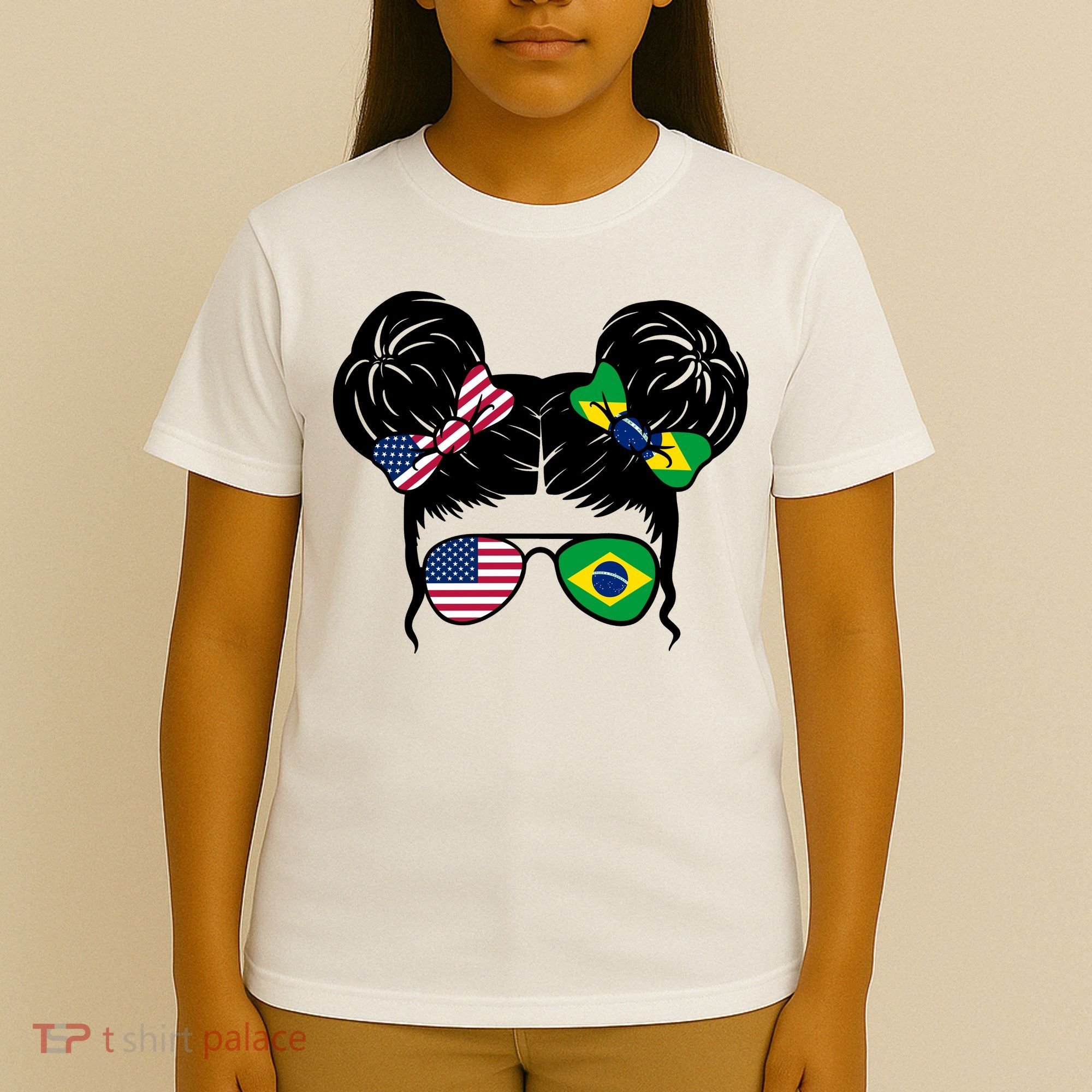 Brazil And United States Flag Messy Bun T-Shirt