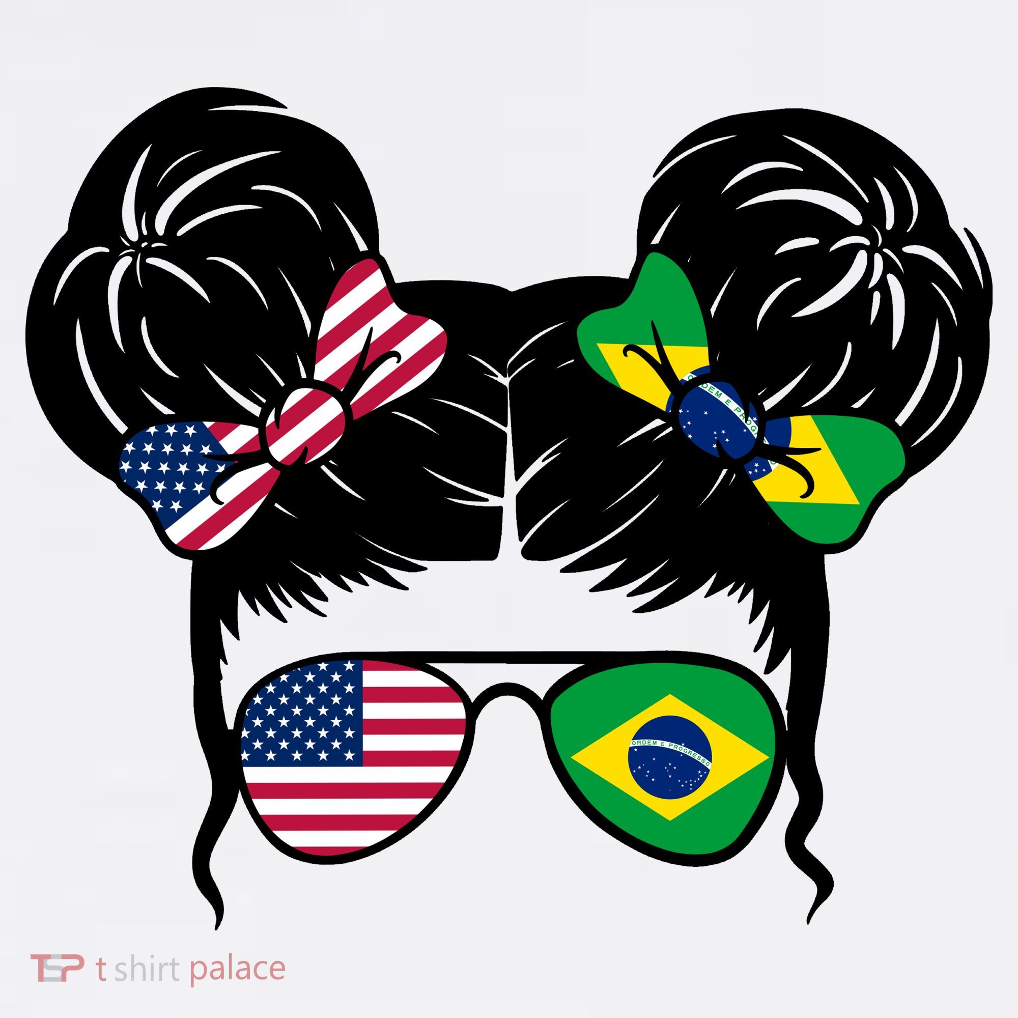 Brazil And United States Flag Messy Bun T-Shirt