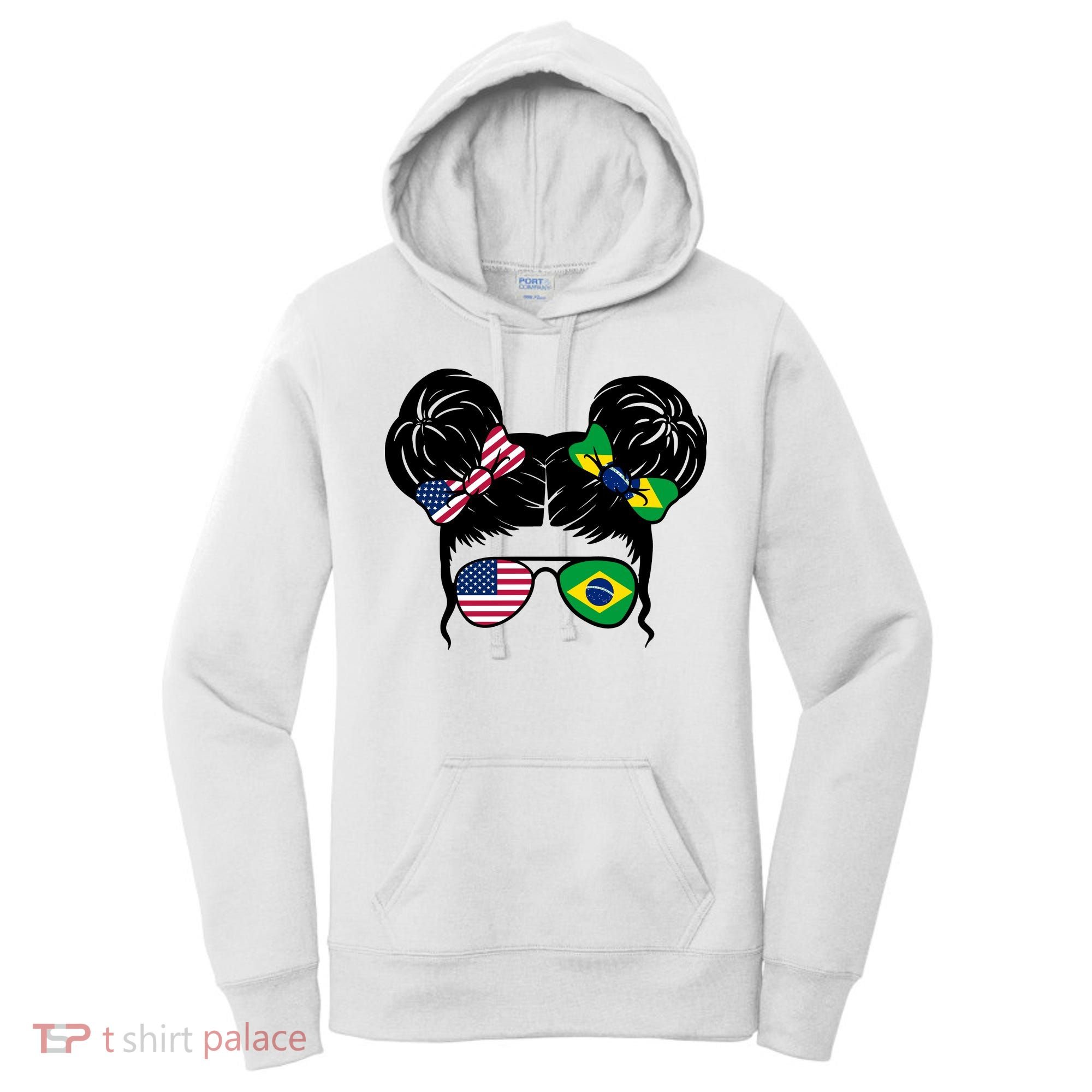 Brazil And United States Flag Messy Bun Women's Hoodie
