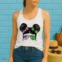 Brazil And United States Flag Messy Bun Women's Tank Top thumb 2