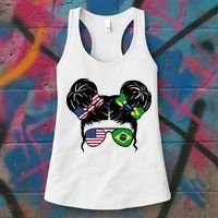 Brazil And United States Flag Messy Bun Women's Tank Top thumb 3