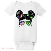 Brazil And United States Flag Messy Bun Baby Bodysuit thumb 0