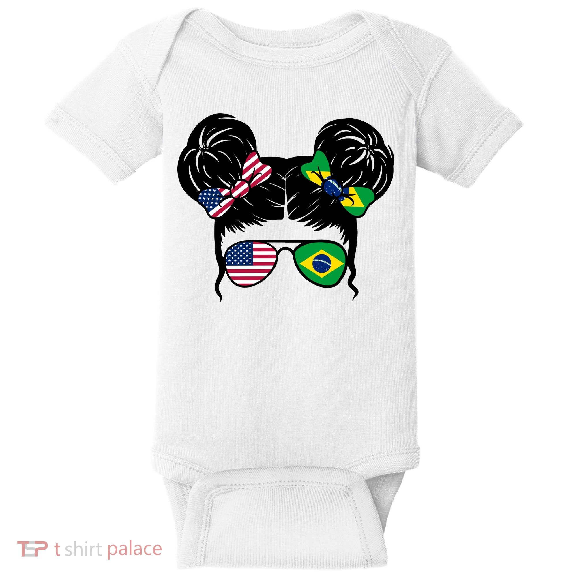 Brazil And United States Flag Messy Bun Baby Bodysuit
