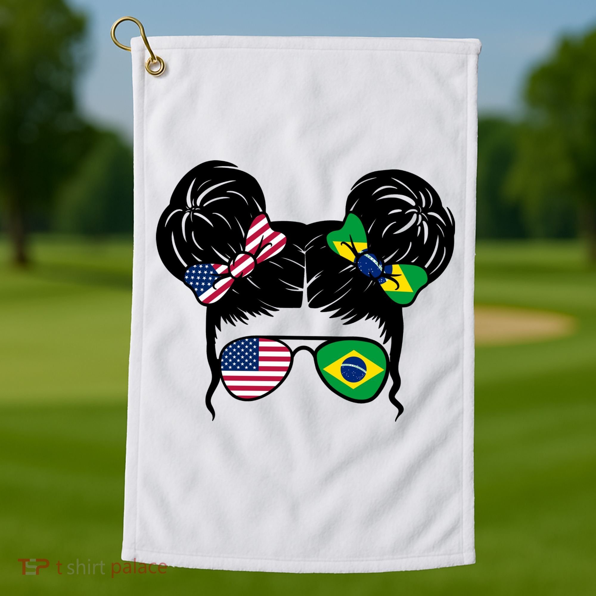 Brazil And United States Flag Messy Bun Golf Towel
