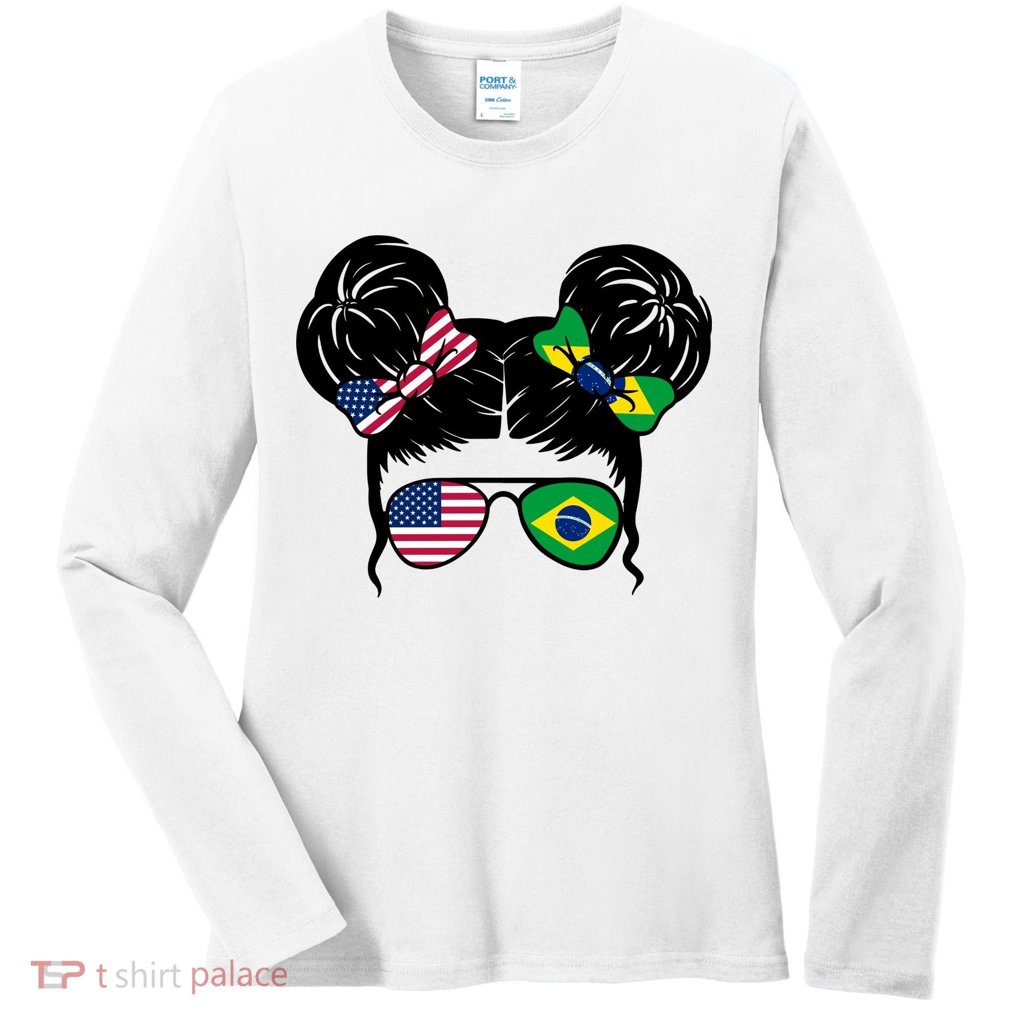 Brazil And United States Flag Messy Bun Women's Long Sleeve Shirt