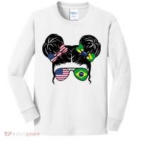 Brazil And United States Flag Messy Bun Kids Long Sleeve Shirt thumb 0