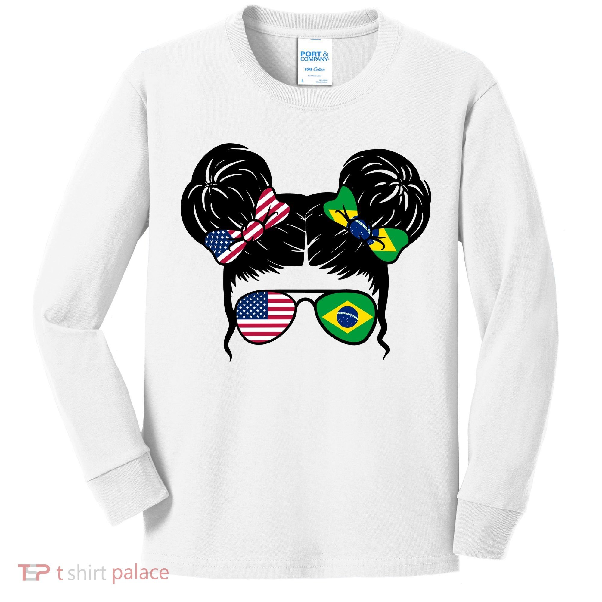 Brazil And United States Flag Messy Bun Kids Long Sleeve Shirt