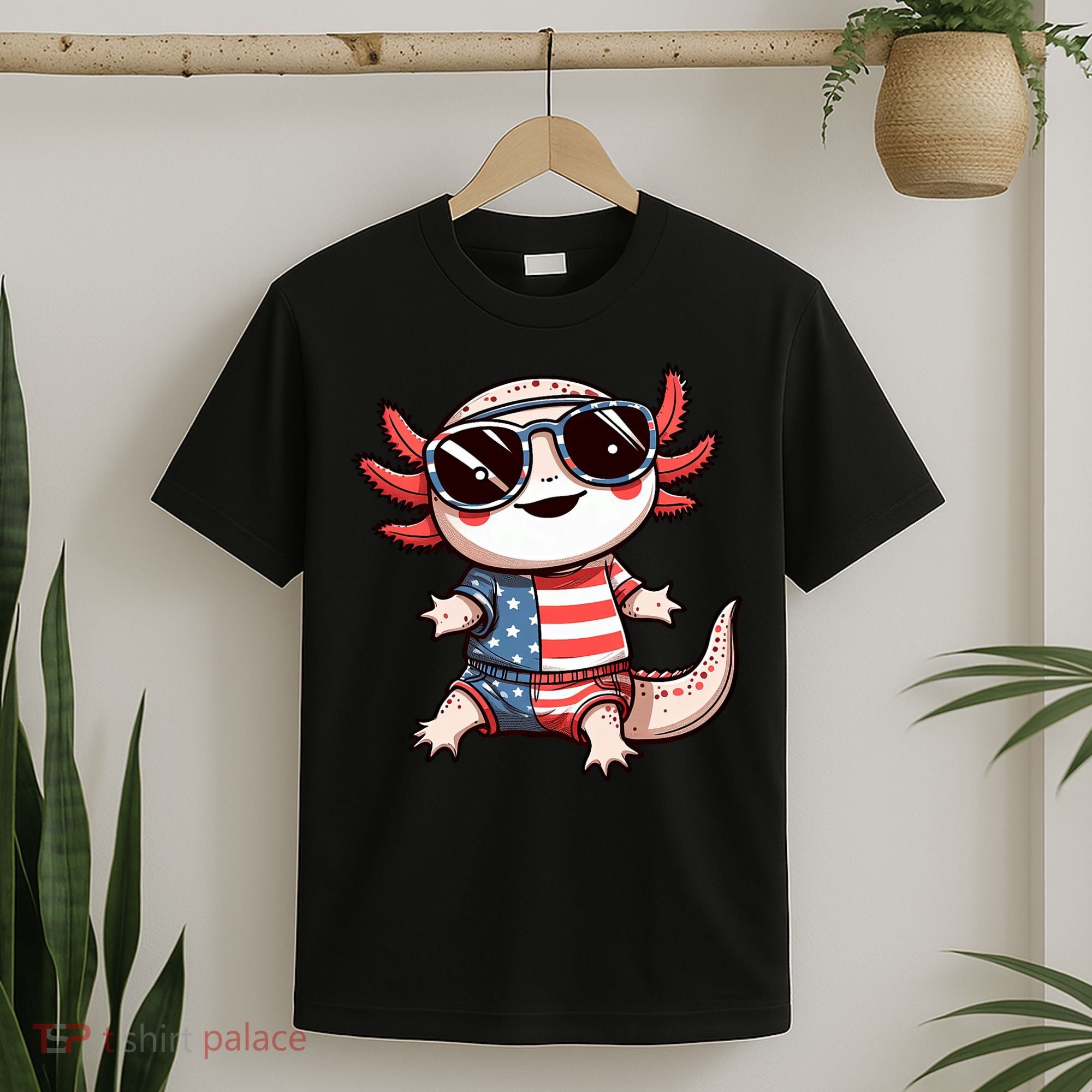 Beautiful Axolotl USA Flag Sunglasses 4th Of July Axolotl T-Shirt