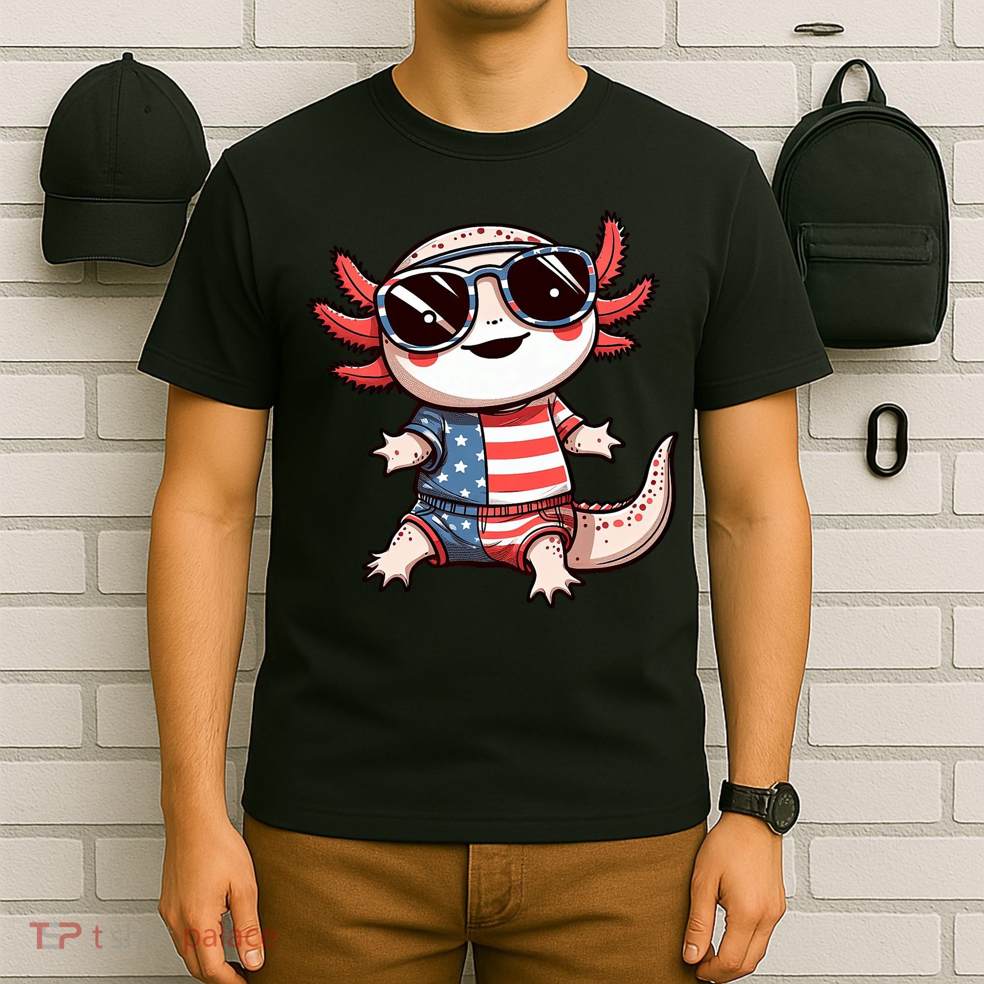 Beautiful Axolotl USA Flag Sunglasses 4th Of July Axolotl T-Shirt
