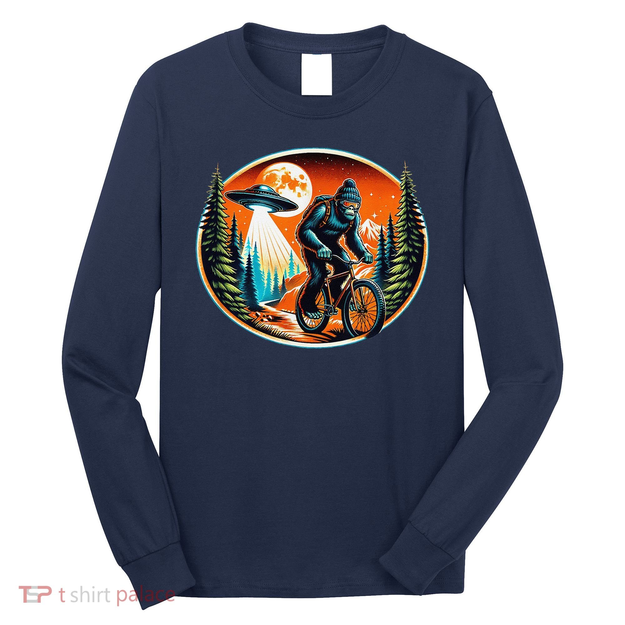 Bigfoot Alien Ufo Bicycle Ride Sasquatch On Bicycle Long Sleeve Shirt