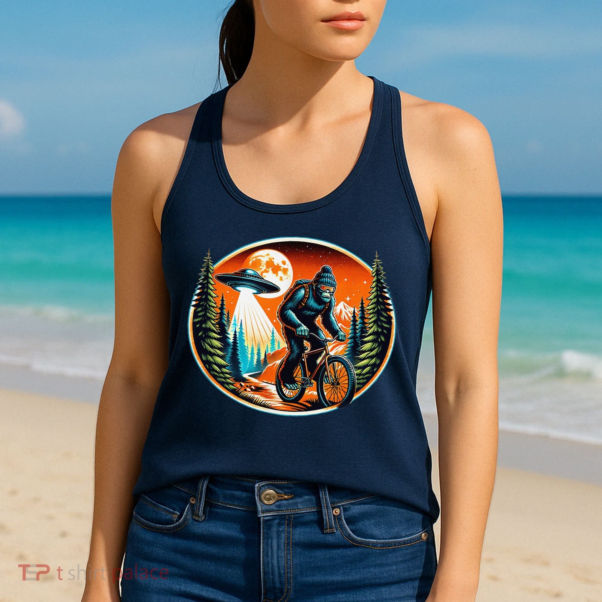 Bigfoot Alien Ufo Bicycle Ride Sasquatch On Bicycle Women's Tank Top