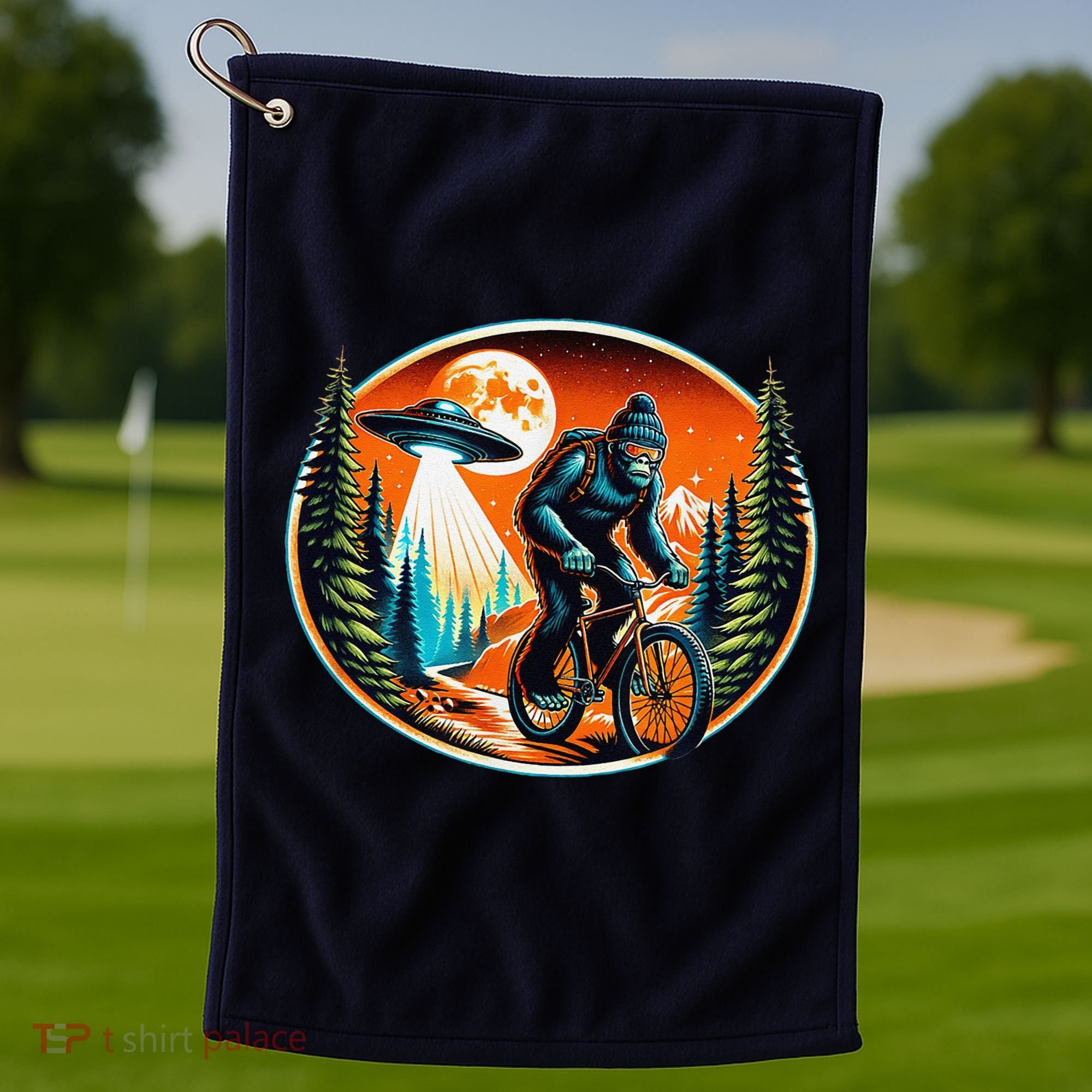 Bigfoot Alien Ufo Bicycle Ride Sasquatch On Bicycle Golf Towel