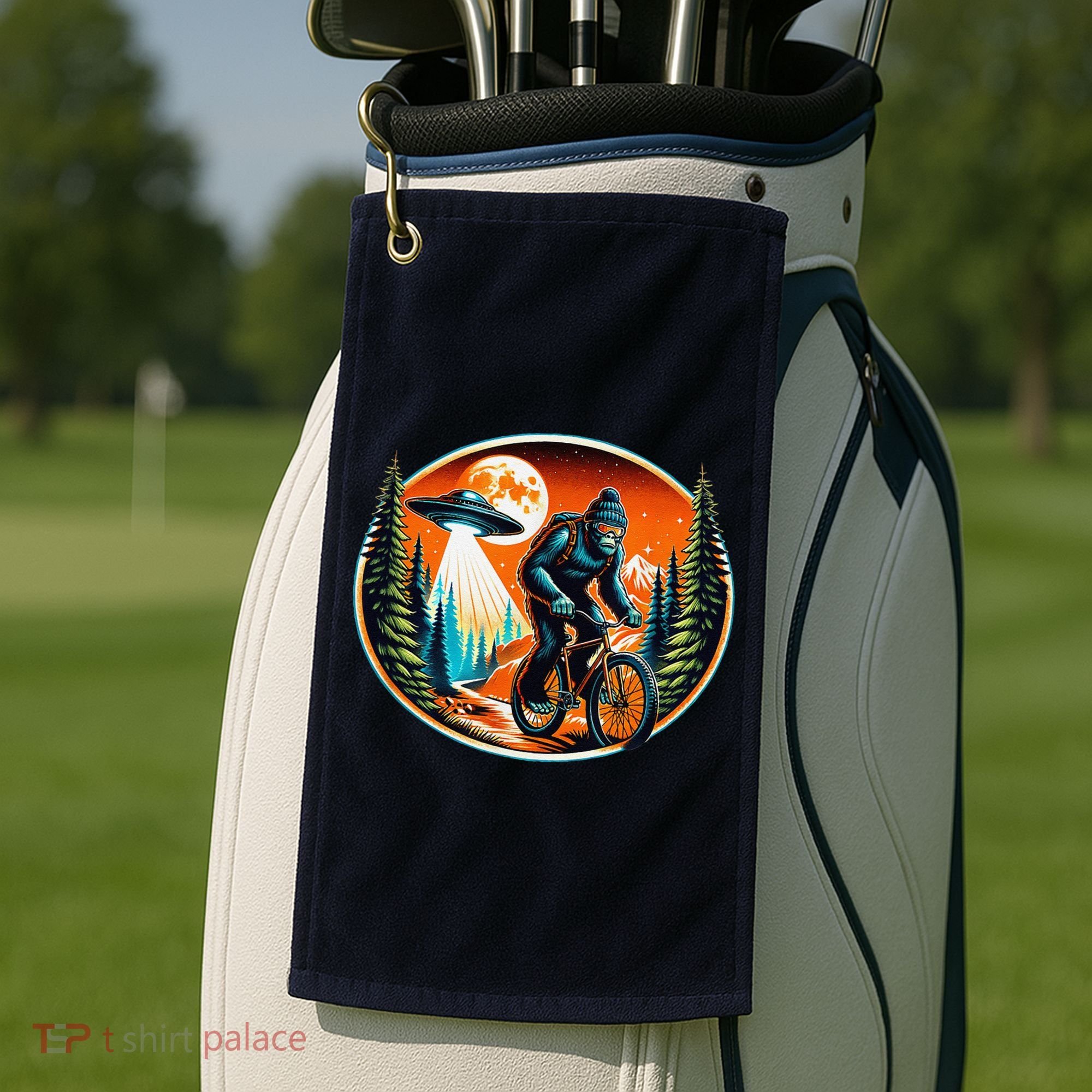 Bigfoot Alien Ufo Bicycle Ride Sasquatch On Bicycle Golf Towel
