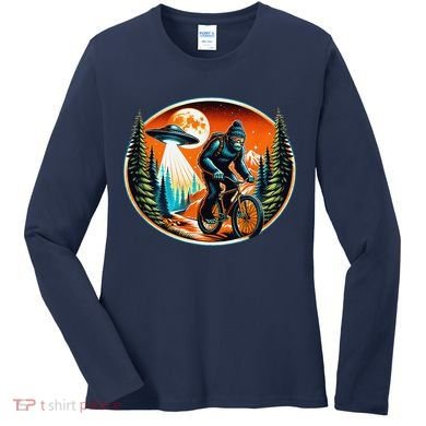 Bigfoot Alien Ufo Bicycle Ride Sasquatch On Bicycle Women's Long Sleeve Shirt
