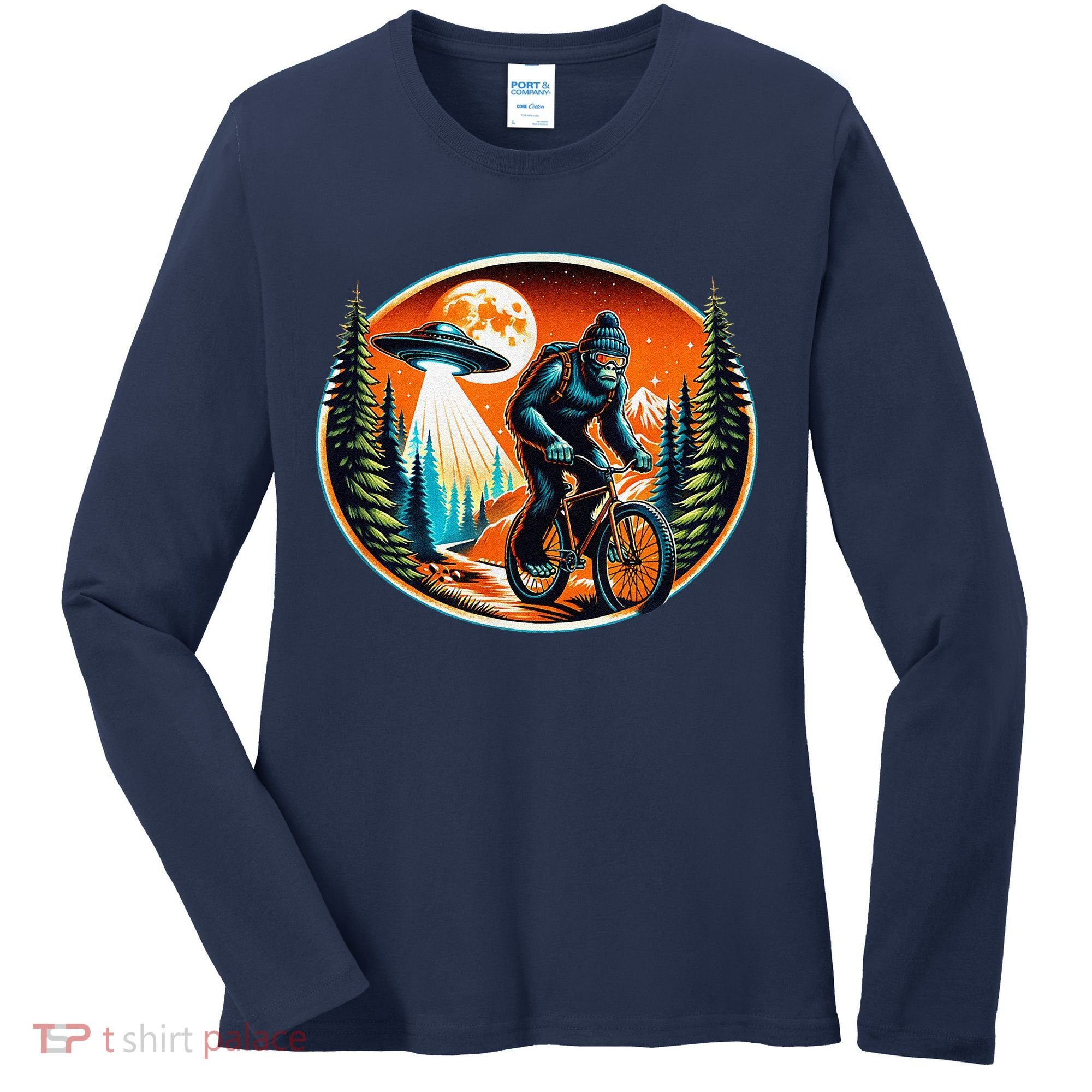 Bigfoot Alien Ufo Bicycle Ride Sasquatch On Bicycle Women's Long Sleeve Shirt