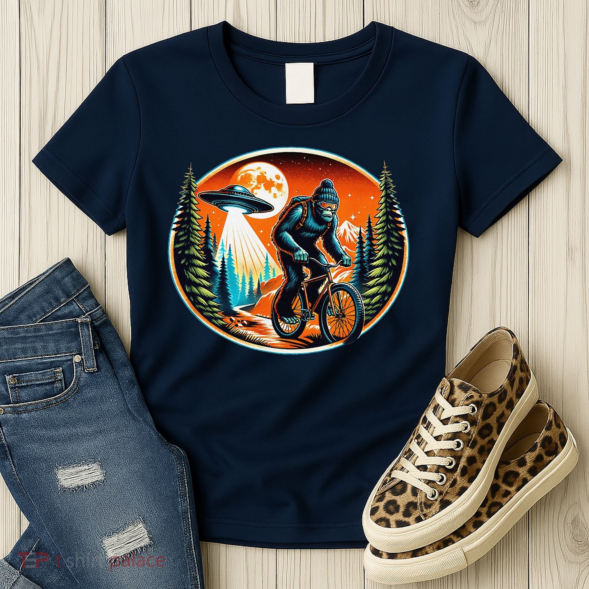 Bigfoot Alien Ufo Bicycle Ride Sasquatch On Bicycle Women's T-Shirt