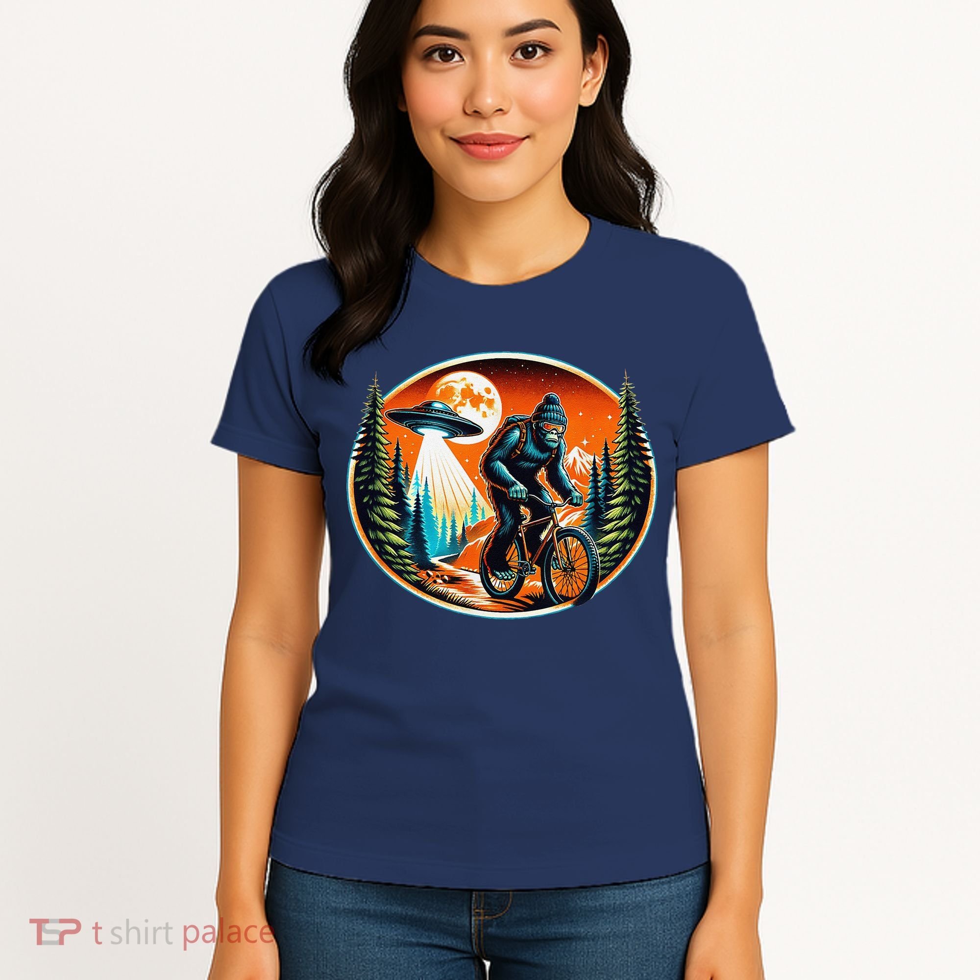 Bigfoot Alien Ufo Bicycle Ride Sasquatch On Bicycle Women's T-Shirt