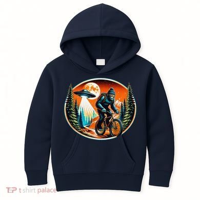 Bigfoot Alien Ufo Bicycle Ride Sasquatch On Bicycle Kids Hoodie